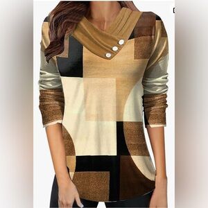 Dressy Blouse Baggy Long Sleeve Graphic Tees V Neck Top Fall Color Block NWOT